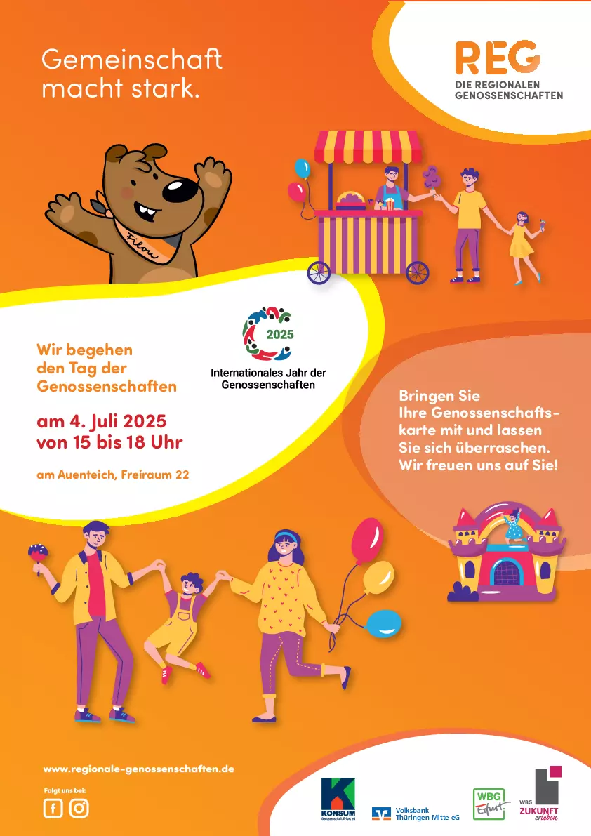 Flyer Tag der Genossenschaften Orangener Flyer mit Illustrationen und Informationen zum Tag der Genossenschaften