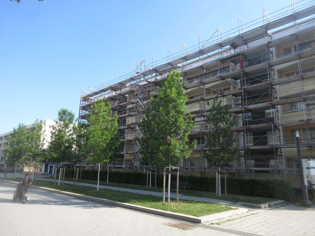 Fassade eines Wohngebäudes hinter einem Baugerüst, davor eine Grünfläche mit Bäumen