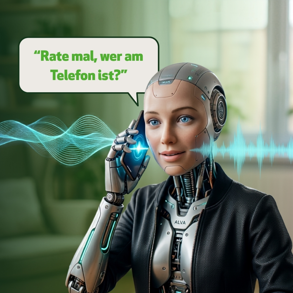 Hinweis Telefonbetrug Roboter mit menschlichem Gesicht hält ein Smartphone ans Ohr, daneben Sprechblase mit dem Text 'Rate mal, wer am Telefon ist?'