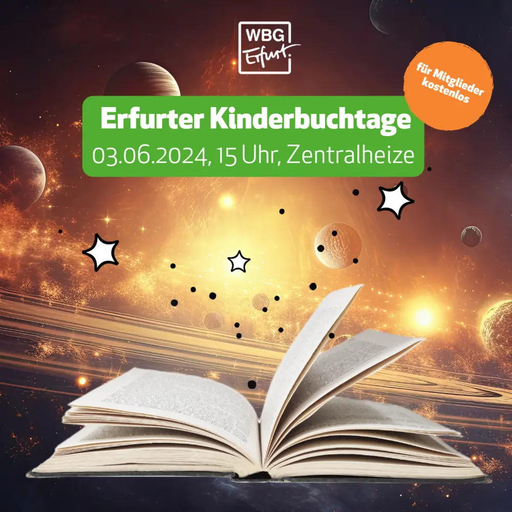 Ankündigung für Erfurter Kinderbuchtage 2024 mit Weltraummotiv