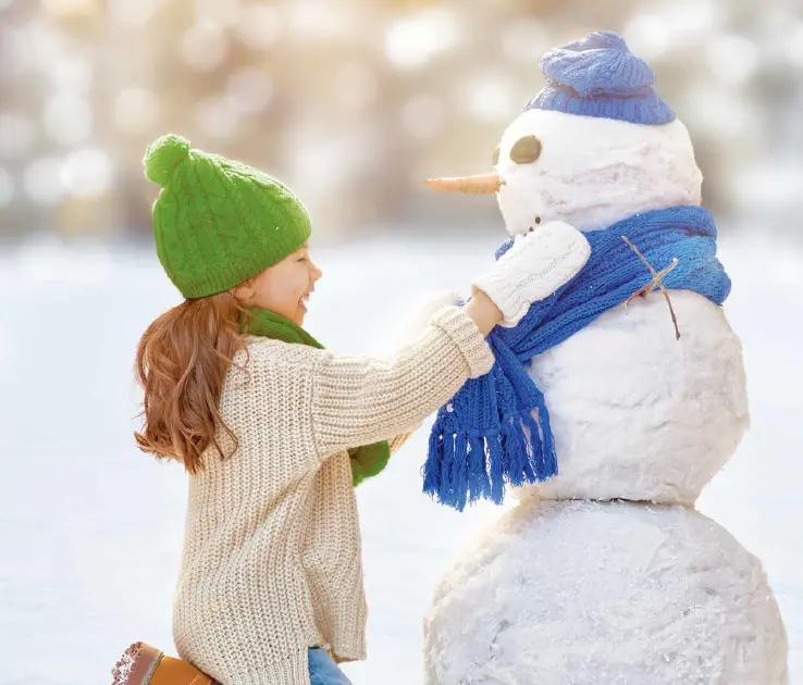 Kind mit grünem Mützchen baut Schneemann mit Schal im Winter
