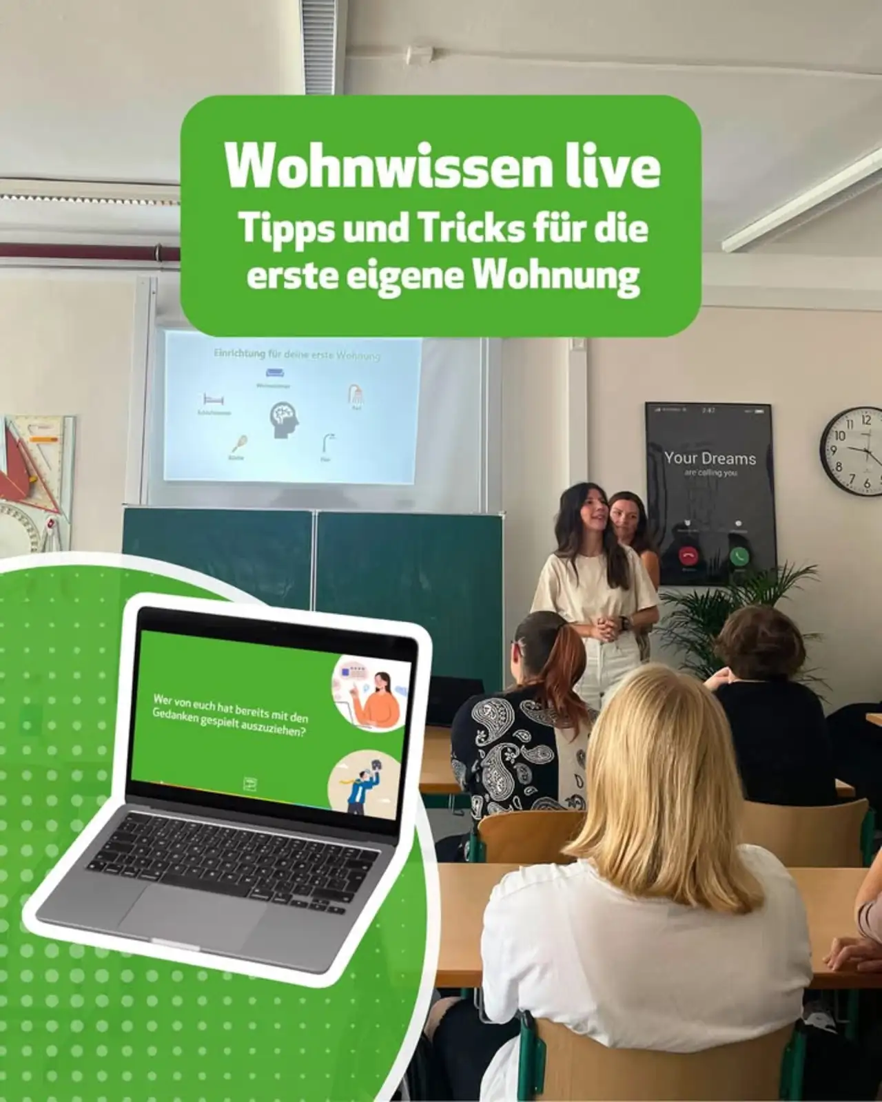 Schulprojekt "Die erste eigene Wohnung" Blick in ein Klassenzimmer, in dem eine Referentin vor einer Gruppe junger Menschen spricht. Links unten ist grafisch ein Laptop eingeblendet.