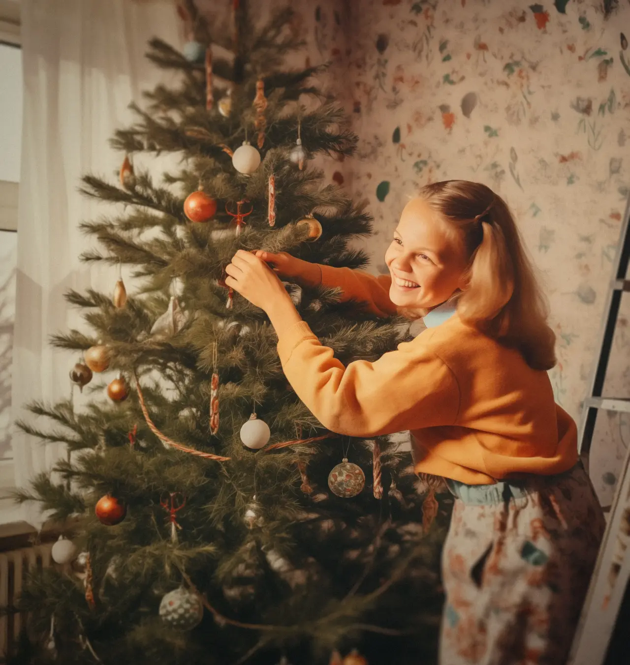 Junge Frau schmückt einen Weihnachtsbaum und lächelt