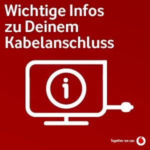 Vodafone Frequenzumstellung Grafik mit rotem Hintergrund, Bildschirm-Symbol und Text als Hinweis zur Frequenzumstellung